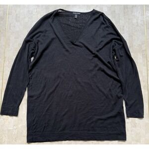 EILEEN FISHER V Neck Black Long Sleeve Knit Linen Sheer Top Shirt Tunic Sz S/M